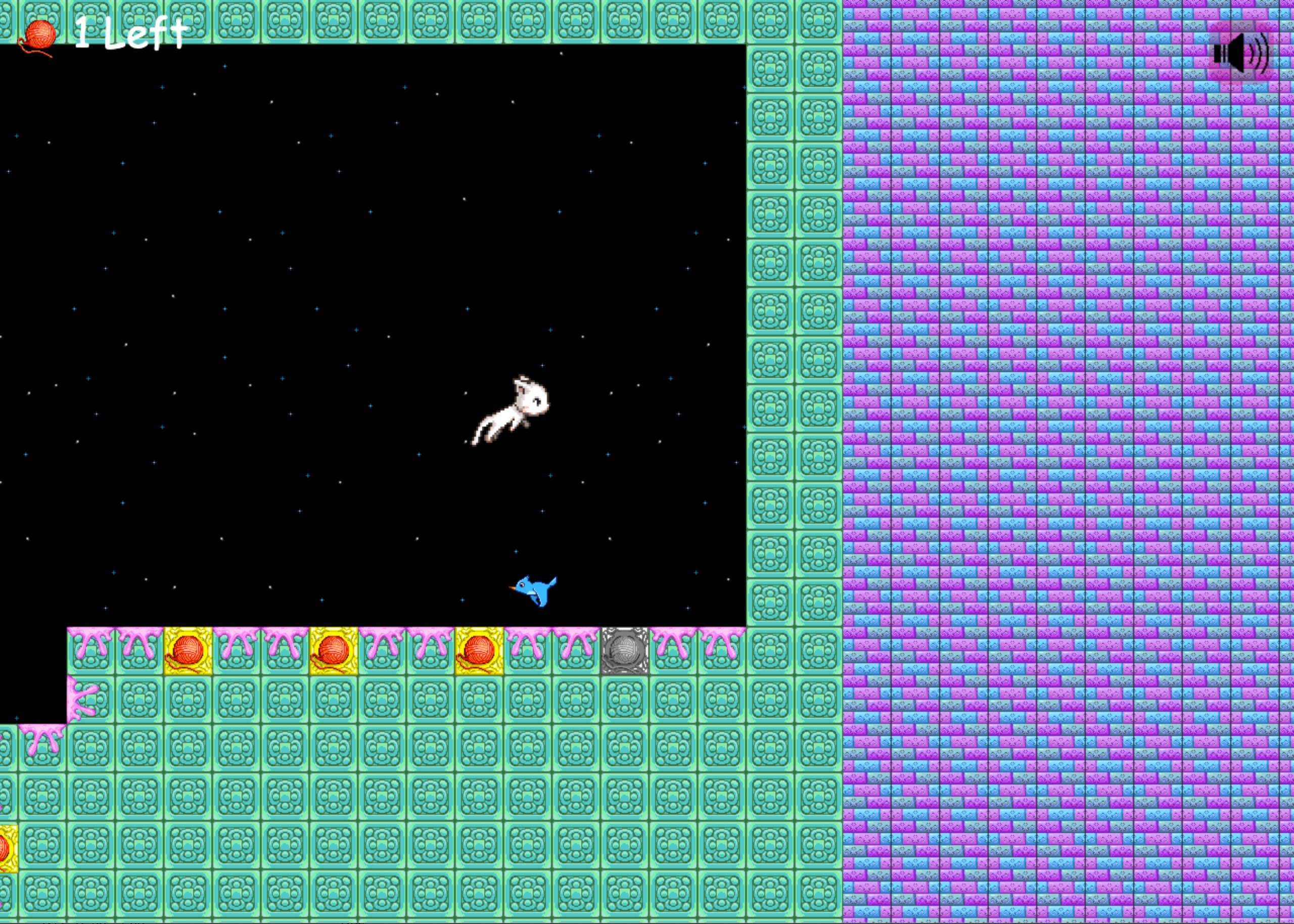 This is a screenshot from Poetry Cat. The player is jumping over a blue bird and about to land on the final yarn ball.