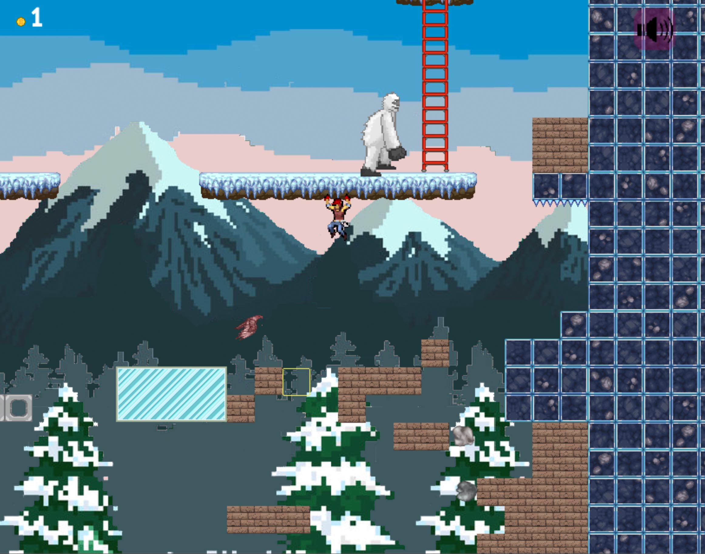 This is a screenshot from Context Clues Climber. The player is hanging from an icy cliff underneath an abominable snowman.