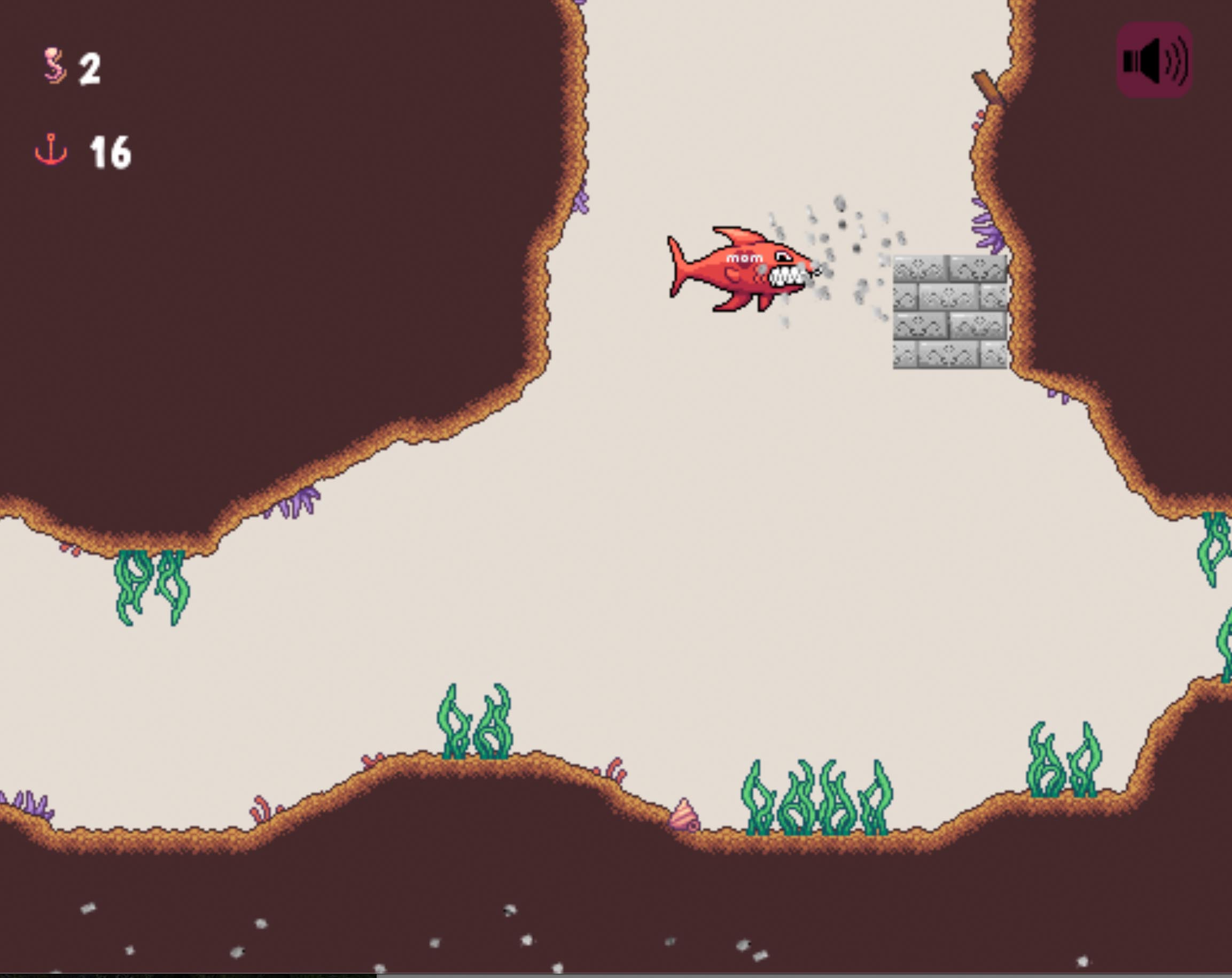 This is a screenshot from Genre Piranha. The player has transformed into a large fish and is breaking through bricks.