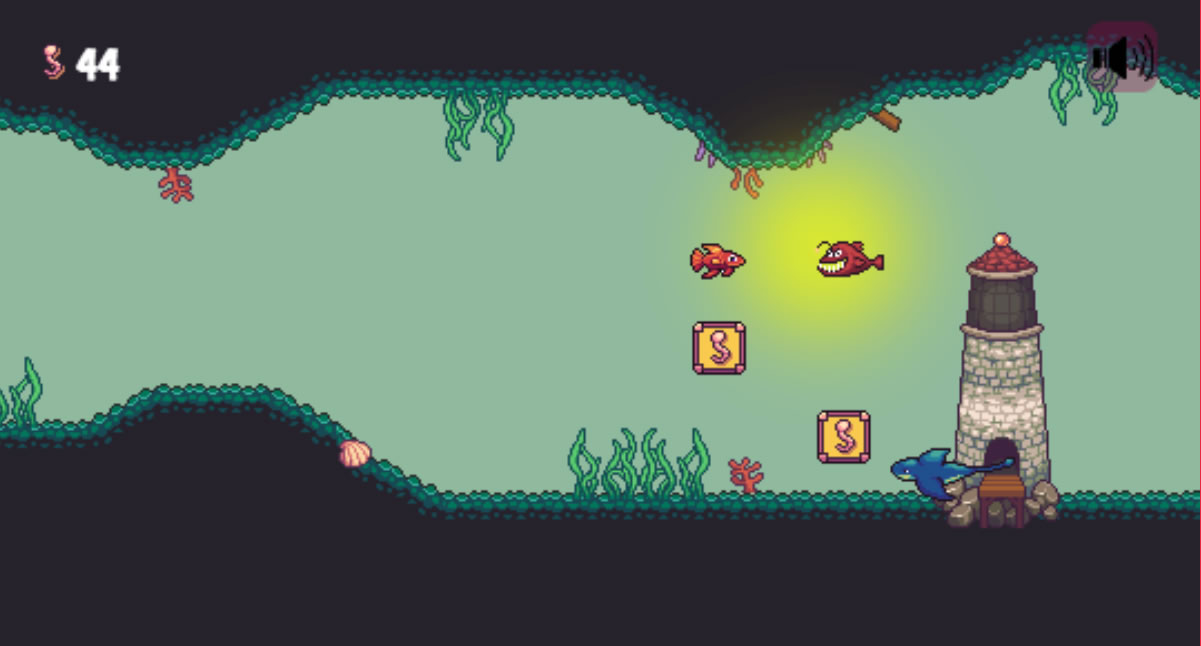 This is a screenshot from Genre Piranha. The player is being drawn toward a glowing angler fish.